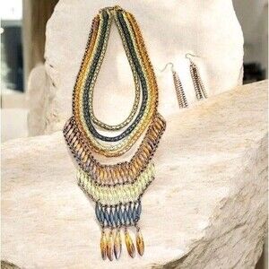 Rare Egyptian Style Long Layered Fringe Copper Gold Black Statement Necklace